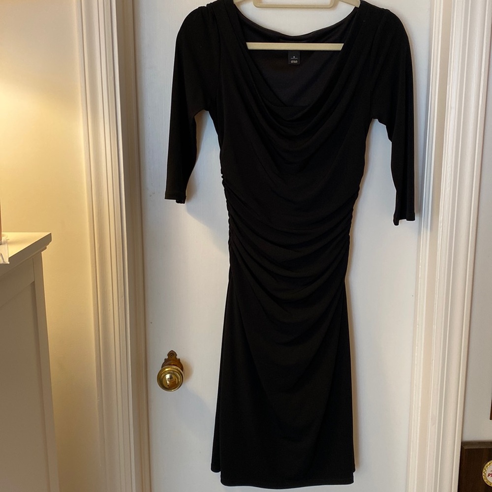 White House Black Market ruched scoop neck dress, stretchy, black, size 0
